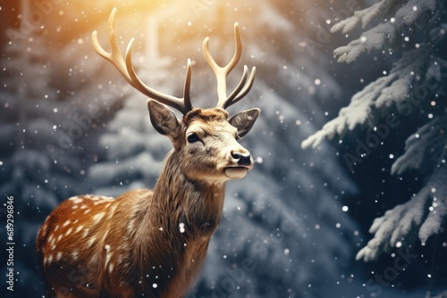 A deer standing in the snow in front of a pine tree. Suitable for winter and wildlife themes