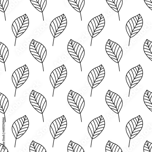 Leaf seamless pattern. Repeating leaves background. Repeated nature small patern for design prints. Line simple plant. Spring repeat texture. Hand draw soft monocrome silhouette. Vector illustration