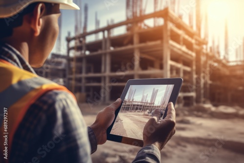 Construction worker holding a tablet computer in front of a building under construction. Suitable for construction industry projects