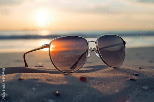 Sunglasses resting on a sandy beach, perfect for summer vibes and vacation themes