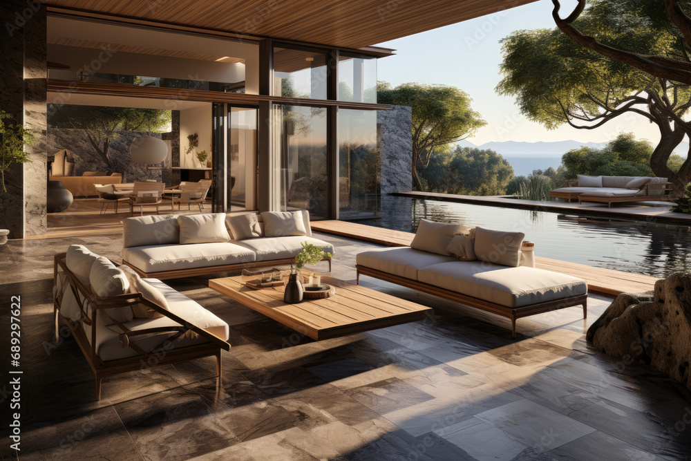 Interior design: spacious modern luxury terrace in a house with a swimming pool, wooden furniture. Interior design: spacious modern luxury terrace in a house with a swimming pool, wooden furniture.