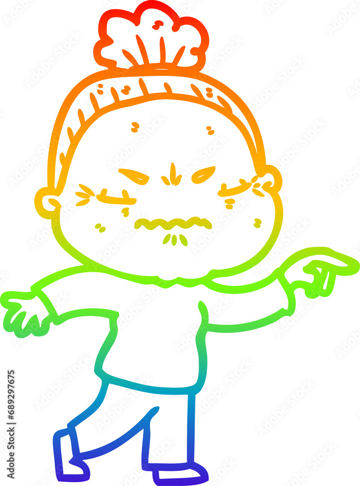 rainbow gradient line drawing of a cartoon annoyed old lady rainbow gradient line drawing of a cartoon annoyed old lady