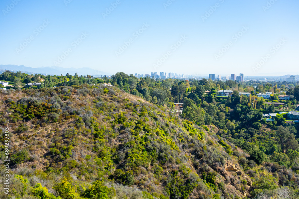 Mandeville Canyon Neighborhood with large houses in the hills of the Santa Monica Mountains.