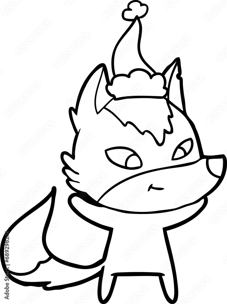 friendly hand drawn line drawing of a wolf wearing santa hat friendly hand drawn line drawing of a wolf wearing santa hat
