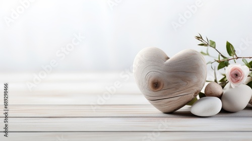 Heart of stone: Minimalist beauty with a stone heart on a white wooden backdrop. Rustic charm meets romantic vibes, creating a timeless and artistic image