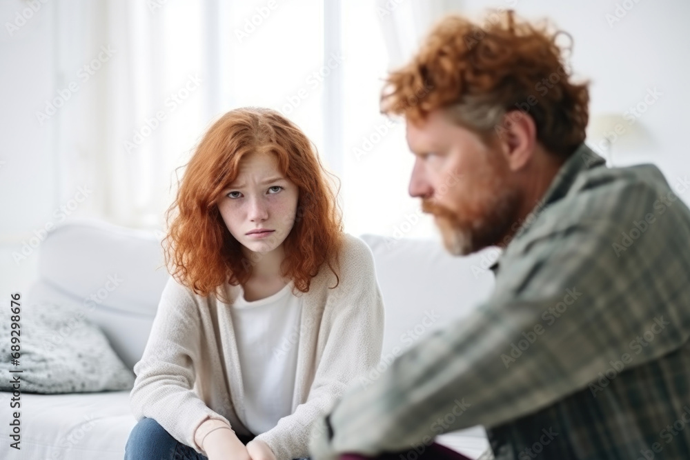Close up man in front and sad girl with freckles behind sit at sofa avoid to talk after quarrel at home, offended red-haired teen daughter and middle aged father argument, adolescence problems