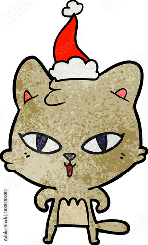 hand drawn textured cartoon of a cat wearing santa hat