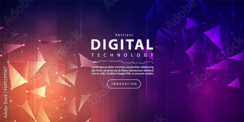 Digital technology futuristic big data orange purple background, cyber nano information, abstract communication, Ai innovation future tech data, internet network speed connection line dot illustration