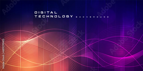 Digital technology futuristic big data orange purple background, cyber nano information, abstract communication, Ai innovation future tech data, internet network speed connection line dot illustration