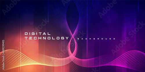 Digital technology futuristic big data orange purple background, cyber nano information, abstract communication, Ai innovation future tech data, internet network speed connection line dot illustration