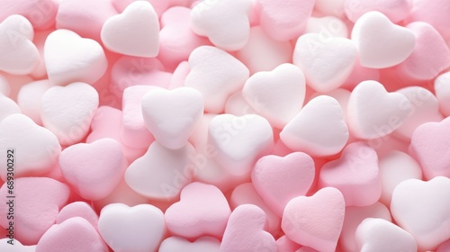 Sweet love affair: Heart marshmallows create a romantic background in shades of pink and white.