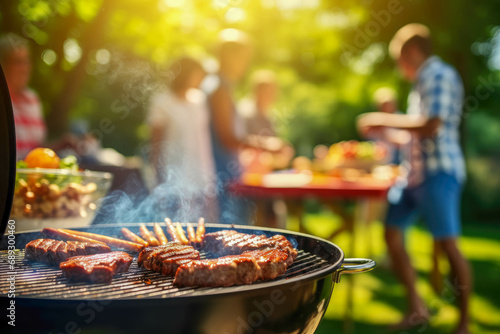 A photo of a family and friends having a picnic barbeque grill in the garden. having fun eating and enjoying time. sunny day in the summer. blur background photo