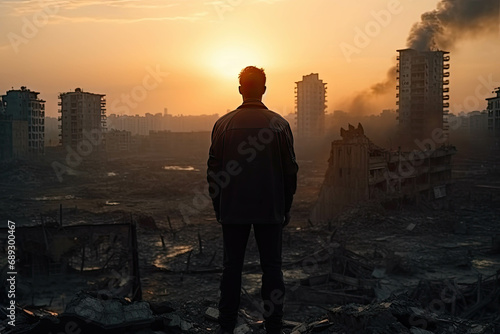 A man in a jacket stands in a city destroyed by war or a disaster at dawn, a view from the back © Mayava