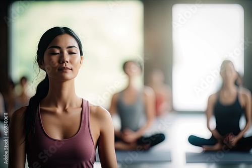 Attractive young Asian woman group exercising and sitting in yoga lotus position in yoga classes. Breath control with copy space