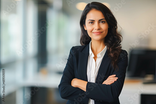 Hispanic smiling toothy Latino Indian successful confident Arabian businesswoman worker lady boss female leader girl business woman posing crossed hands looking at camera in office corporate portrait