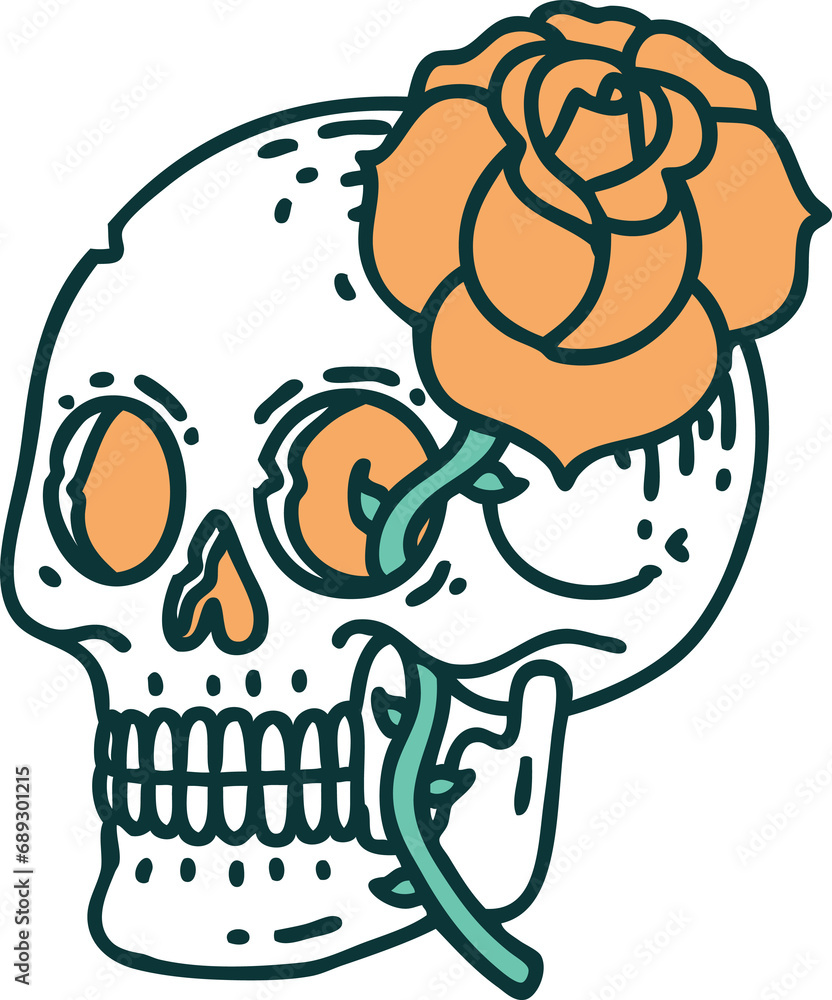 Obraz premium iconic tattoo style image of a skull and rose