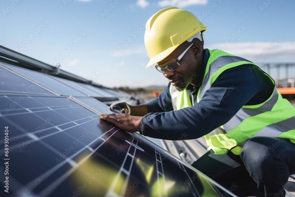 A man in a hard hat and safety vest is seen working on a solar panel. This image can be used to depict a professional installing or repairing solar panels A man in a hard hat and safety vest is seen working on a solar panel. This image can be used to depict a professional installing or repairing solar panels
