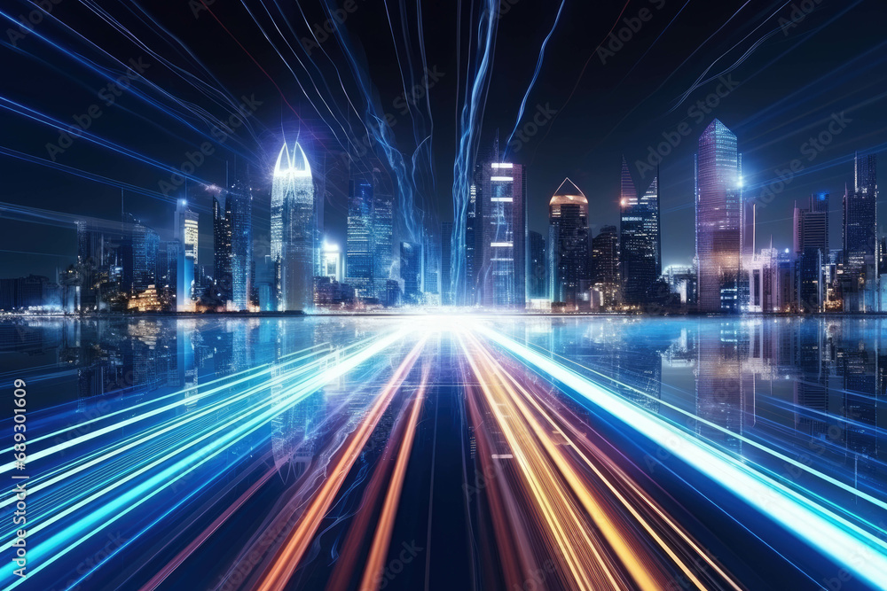Obraz premium Speed light trails path through smart modern mega city and skyscrapers town with neon futuristic technology background, future virtual reality, motion effect, high speed light