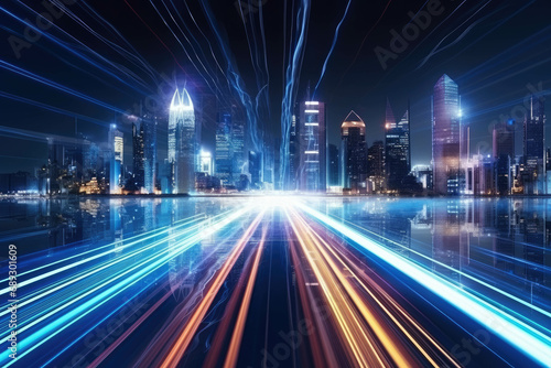 Speed light trails path through smart modern mega city and skyscrapers town with neon futuristic technology background, future virtual reality, motion effect, high speed light photo