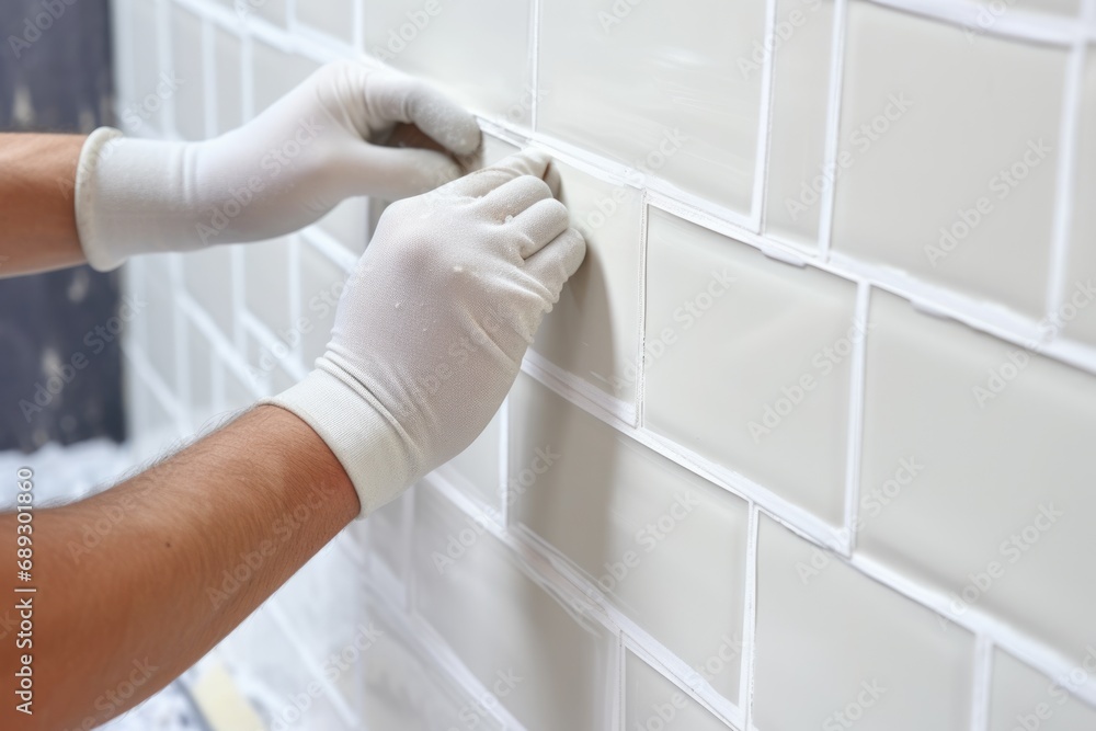 hands of the tiler are laying white ceramic tile on the wall. ai generated - obrazy, fototapety, plakaty 