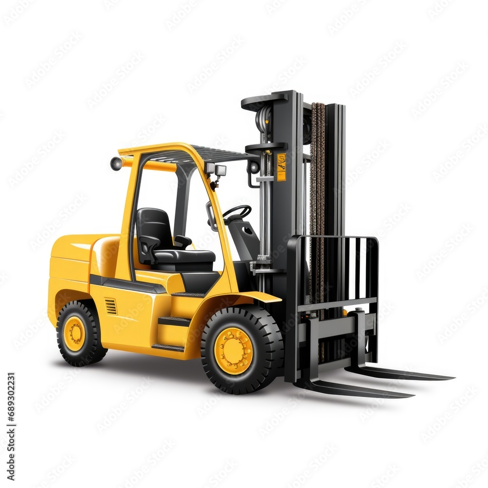 A yellow forklift truck is parked on a white surface.