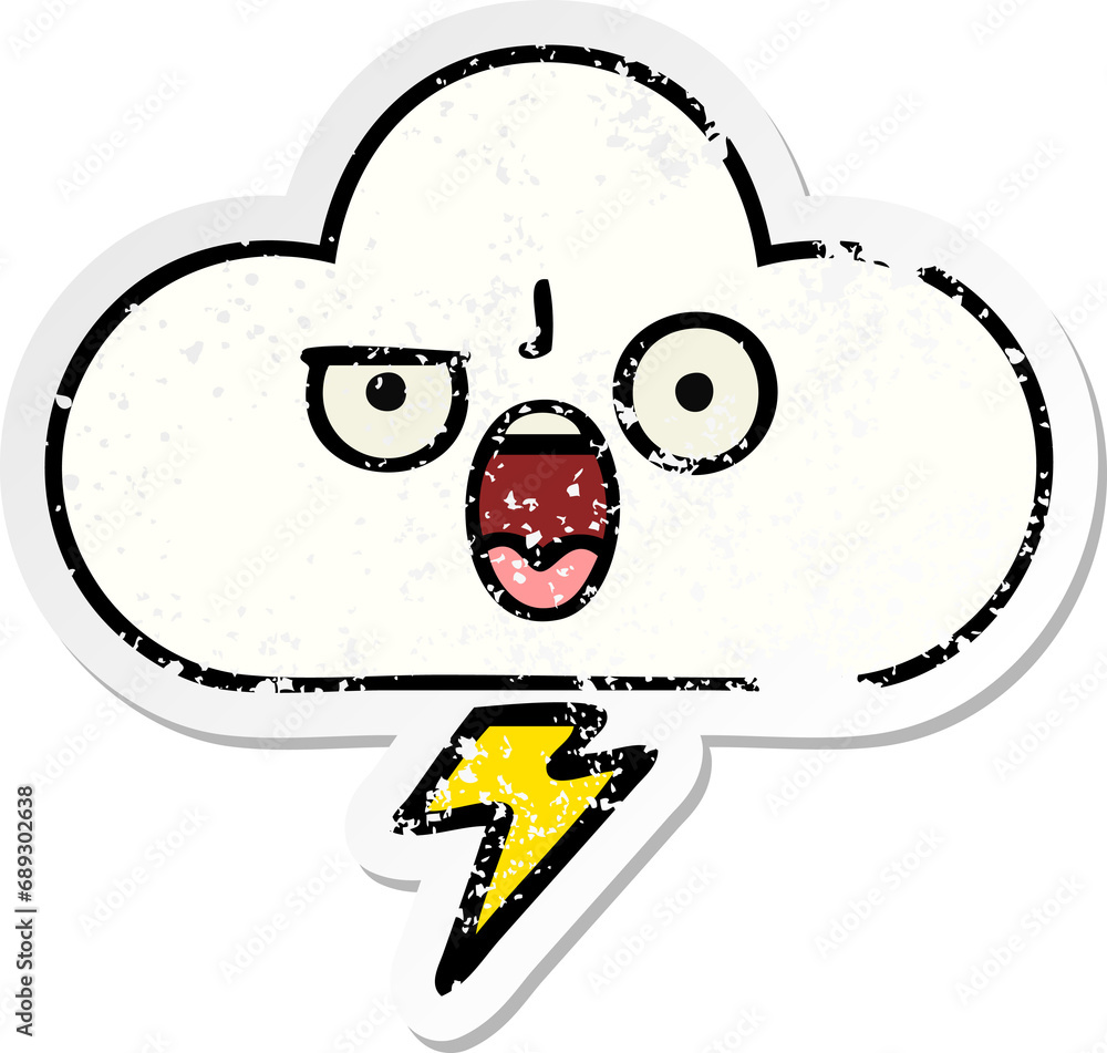 distressed sticker of a cute cartoon storm cloud distressed sticker of a cute cartoon storm cloud