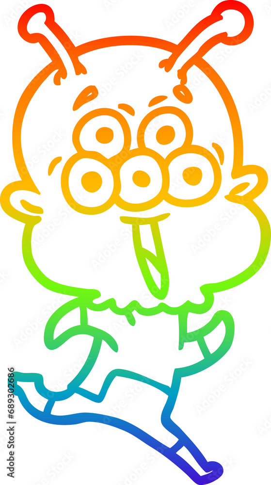 rainbow gradient line drawing of a happy cartoon alien running rainbow gradient line drawing of a happy cartoon alien running
