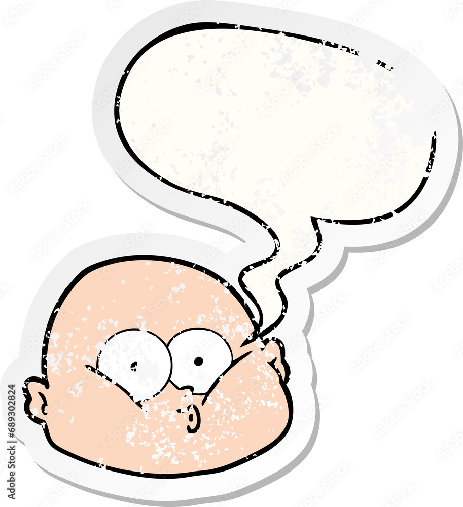 cartoon curious bald man with speech bubble distressed distressed old sticker cartoon curious bald man with speech bubble distressed distressed old sticker