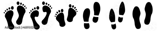 Footprint icons. Various human footprints in black on an isolated background. Vector EPS 10