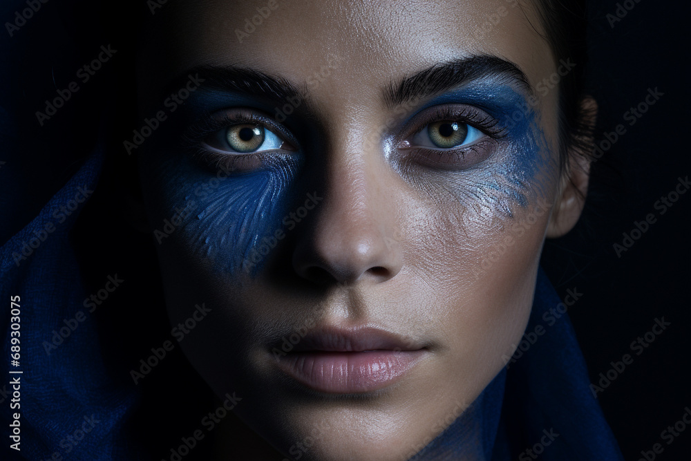 Fashion, style and make-up concept. Close-up beautiful woman with blue, shining and fancy eyeshadows make-up portrait. Dark and sensual mood and background