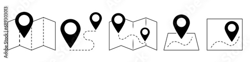 Map and location symbols set. Mapping icon. GPS cartography position. Geolocation map path distance. Map search, route, navigator . Vector EPS 10