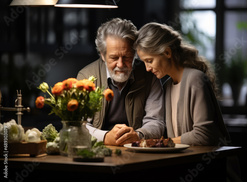 Romantic elderly couple enjoying a candlelit dinner in an upscale restaurant.