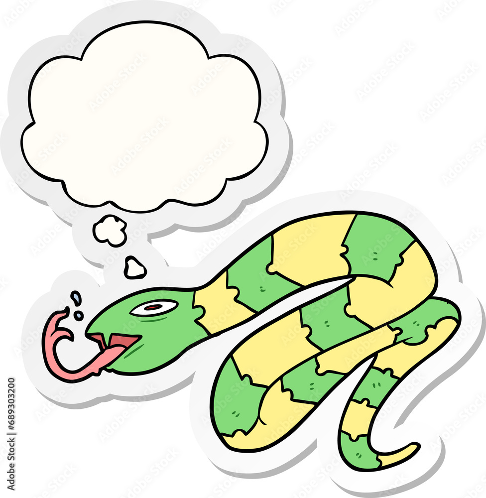 Fototapeta premium cartoon hissing snake with thought bubble as a printed sticker