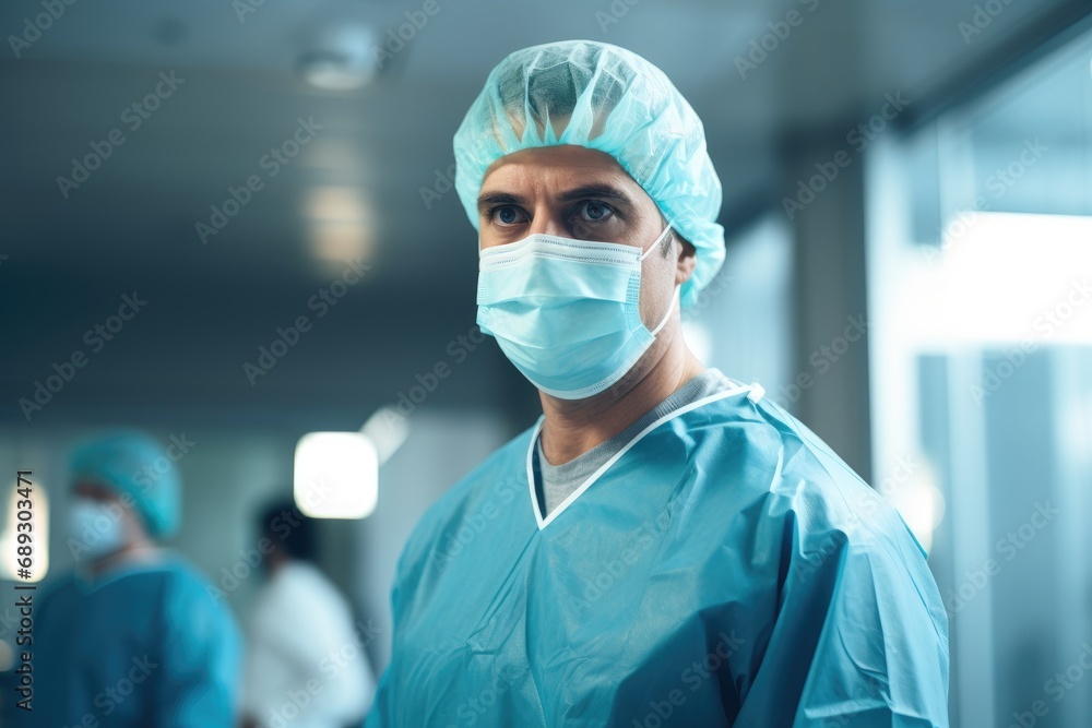 Portrait of surgeon in operating room at hospital. Surgeon at work in operating room, A focused doctor in scrubs and mask stands in an operating room, AI Generated Portrait of surgeon in operating room at hospital. Surgeon at work in operating room, A focused doctor in scrubs and mask stands in an operating room, AI Generated