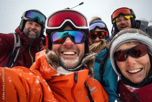 Group of friends having fun at ski resort. Winter vacation concept, a group of people wearing ski equipment takes a selfie together, AI Generated