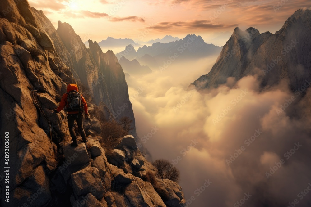 Hiker in the mountains at sunrise. Climbing in the mountains, Concert crowd in front of bright stage lights. 3D Rendering, A live event, such as a concert or halftime show, AI Generated