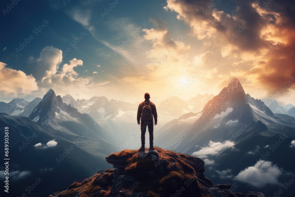 Man standing on top of the mountain and looking at the sunset, A lonely man enjoys the view of the summer mountains while he standing on a mountain peak, AI Generated