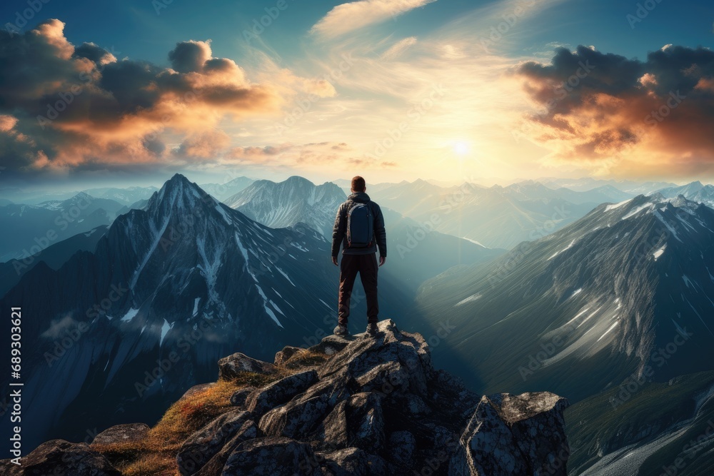 Man standing on top of the mountain and looking into the distance, A lonely man enjoys the view of the summer mountains while he standing on a mountain peak, AI Generated