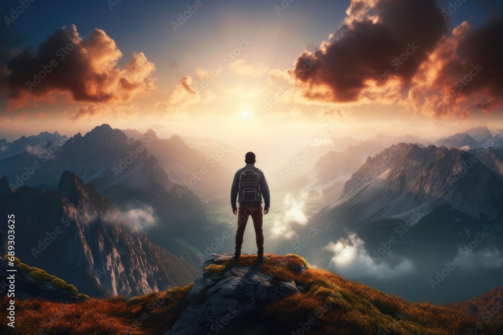 Hiker standing on top of a mountain and looking at the sunset, A lonely man enjoys the view of the summer mountains while he standing on a mountain peak, AI Generated