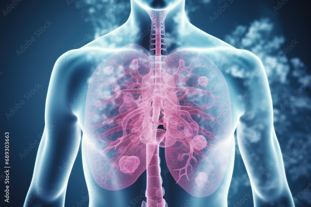 Human body with lungs in x-ray view, 3D rendering, A male lung cancer biopsy respiratory system in x-ray, AI Generated - obrazy, fototapety, plakaty 