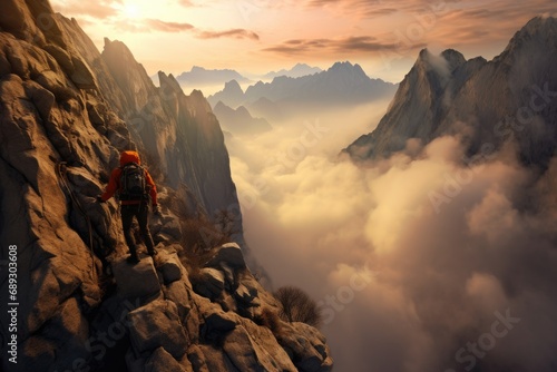 Hiker in the mountains at sunrise. Climbing in the mountains  Concert crowd in front of bright stage lights. 3D Rendering  A live event  such as a concert or halftime show  AI Generated