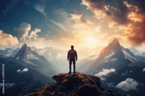 Man standing on top of the mountain and looking at the sunset, A lonely man enjoys the view of the summer mountains while he standing on a mountain peak, AI Generated