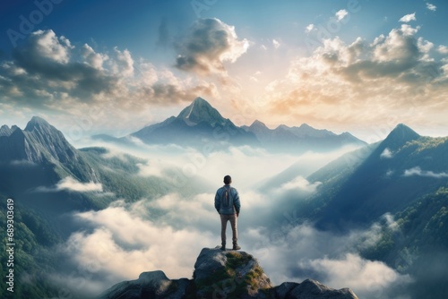 Man standing on the top of a mountain and looking at the sunset, A lonely man enjoys the view of the summer mountains while he standing on a mountain peak, AI Generated