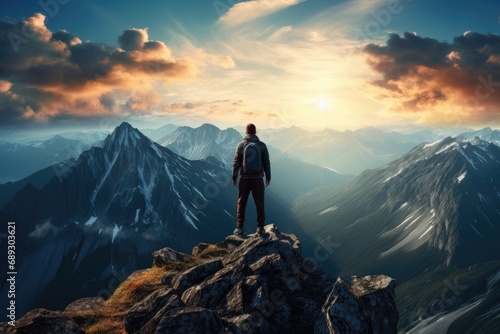 Man standing on top of the mountain and looking into the distance, A lonely man enjoys the view of the summer mountains while he standing on a mountain peak, AI Generated