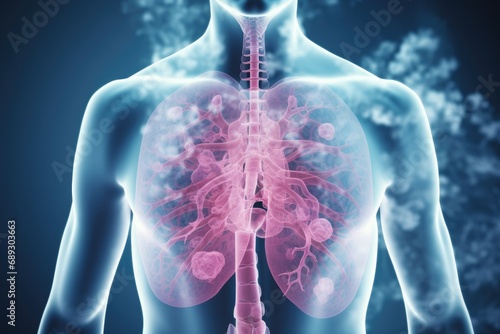 Human body with lungs in x-ray view, 3D rendering, A male lung cancer biopsy respiratory system in x-ray, AI Generated photo
