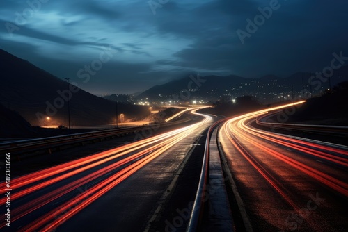 Car light trails on the road at night. Long exposure photo, A long exposure photo of a highway at night, AI Generated