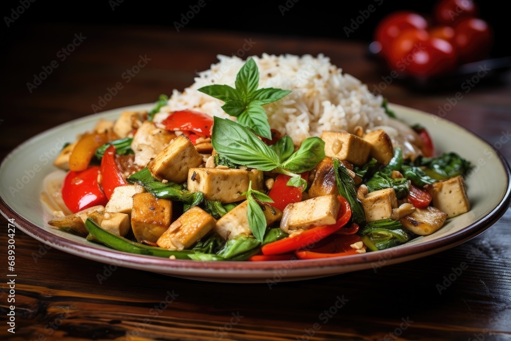 Fresh Thai food stir fry with tofu and white jasmine rice. Fresh Thai food stir fry with tofu and white jasmine rice.