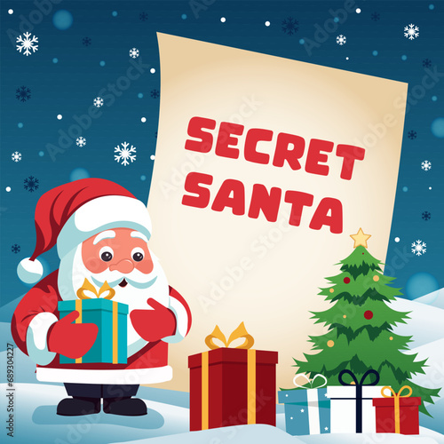 Vector cartoon banner for traditional Christmas gift exchange Secret Santa.
