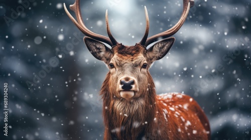 Red deer in falling snow in winter forest