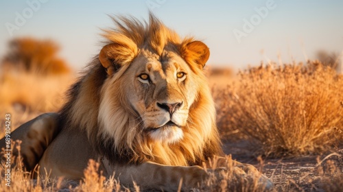 Big male African lion  Panthera leo  lying in the grass